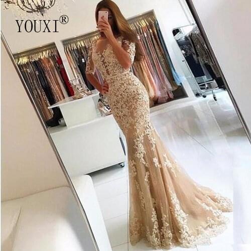 Champagne Evening Dress 2019 Gorgeous Tulle Lace Appliqued Beaded Backless Formal Prom Gowns Robe De Soiree longue