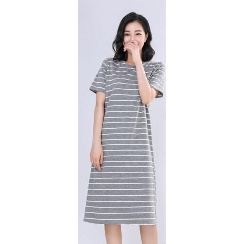 Spring and Summer Home Clothes Striped Dress Women Plus Size Short-sleeved Cotton Nightwear Sleep Tops Sexy Sleepwear Night Gown