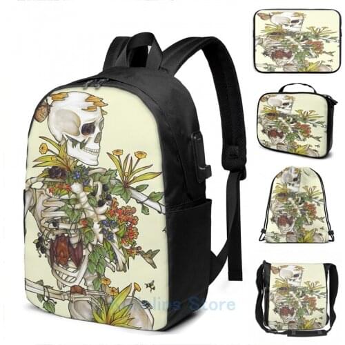 Funny Graphic print Bones and Botany USB Charge Backpack men School bags Women bag Travel laptop bag