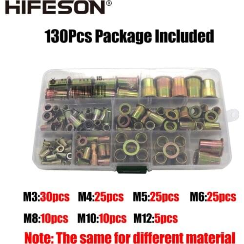 HIFESON 130pcs stainless Steel aluminum Steel Rivets Nuts Set Flat Head Threaded Insert Nut for Rivet Nut Gun Riveter Tool