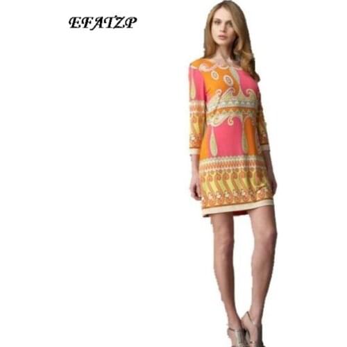 [EFATZP] New Italian Designer Luxury Brands Womens Three Quarter Sleeves Geometry Print Stretch Jersey Silk Plus Size XXL Dress