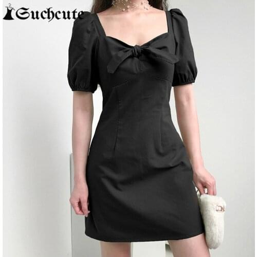 SUCHCUTE Women Summer Beach Dress Gothic Sexy Short Puff Sleeve Elegant Halter Party Dresses 90s Skinny Harajuku Casual Clubwear