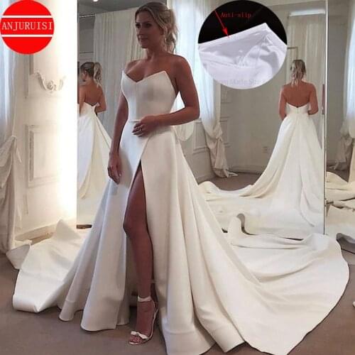 ANJURUISI 2020 Plus Size V Neck Wedding Dress Backless Satin Simple Long Train Vestido De Novia A Line Split Sexy Bridal Gowns