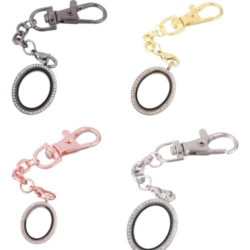 1pcs Oval Alloy Floating charm Rhinestone Locket Keychain with Lobster clasp DIY twist memory Glass locket Key chain