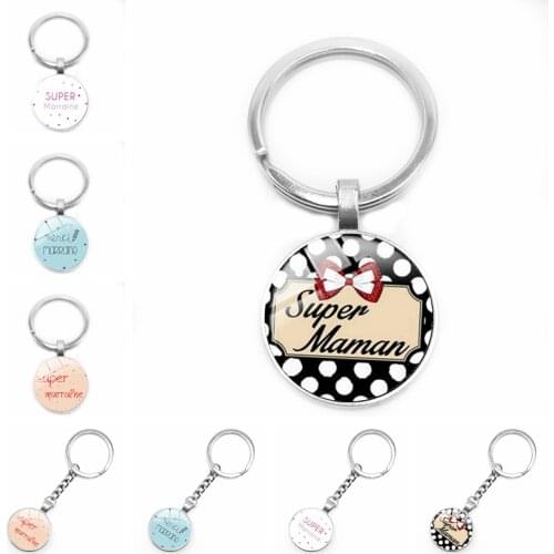 2020 New Super Godmother Godfather Keychain Glass Convex Je Suis Une Maman French Word Pendant Keychain Gift