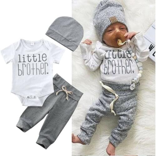 2020 Newborn Baby Boy Girl Clothes Summer Short Sleeve Letter white Tops Romper grey Pants 3pcs cotton outfits Set 0-18M