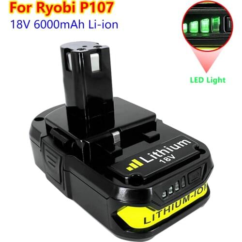 6.0Ah 18V Ryobi Lithium Replacement Battery for Ryobi 18V Lithium Battery P103 P104 P105 P107 18-Volt Cordless Tools Battery