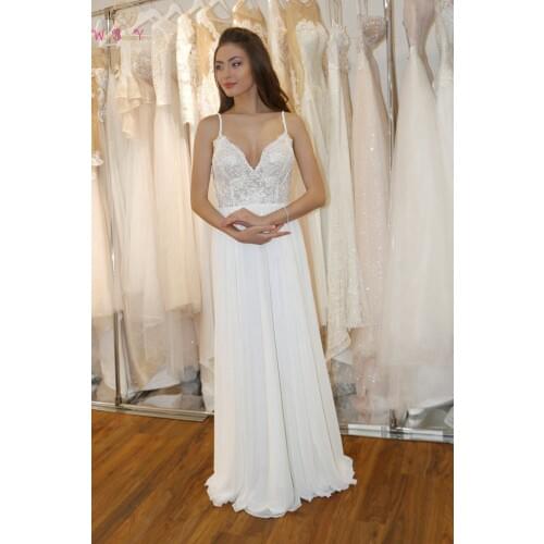 2019 V Neck Long Beach Bridal Gowns White Ivory Simple Sleeveless Backless Lace Chiffon Church Formal Pearls Wedding Dresses