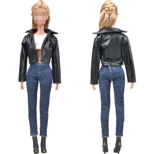 Leather coat + white top + jeans pants / clothing set outfit for 1/6 BJD Xinyi FR ST Barbie Doll / 30cm doll clothes