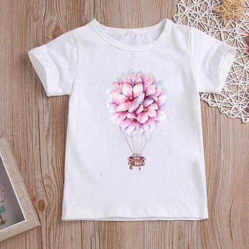 Kawaii Childrens Clothing 2-12 Years Flower Balloon Teen Girls T-Shirt White Short Sleeve Tee Tops Kids Clothes for Teenagers