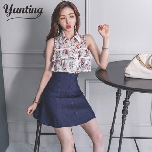 Sweet Women Flowers Print Set 2020 Sping Summer Fashion Sexy Cotton Blouses Tops and Mini A-line Skirts Suit