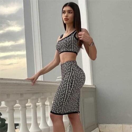 Fashion Design 2 Two Piece Set U Neck Sleeveless Crop Top Summer Bandage Party Clubwear High Waist Bodycon Mini Skirt Sets Women