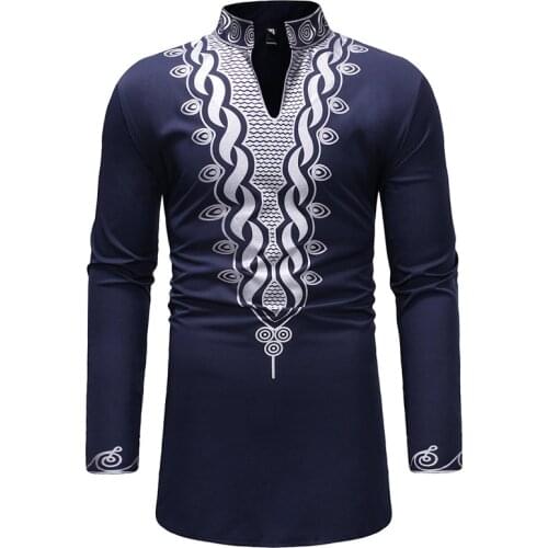 Men V Neck African Dashiki Print Dress Shirt 2020 Fashion Longline Streetwear African Clothes Slim Fit Long Sleeve Camisa Social