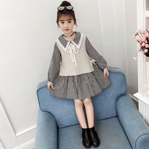 Girl spring new dress suit Girl Plaid Dress Vest Set Girl western style fashionable dress set Girl plaid dress
