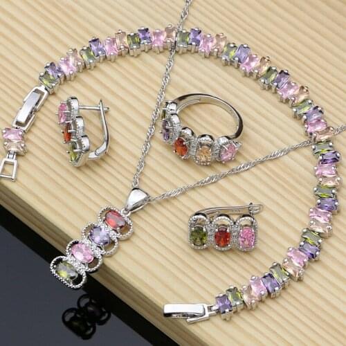 Silver 925 Gift Jewelry Sets For Women Multicolor Cubic Zirconia Party Hoop Earrings Ring Bracelet Necklace Set for Bridel