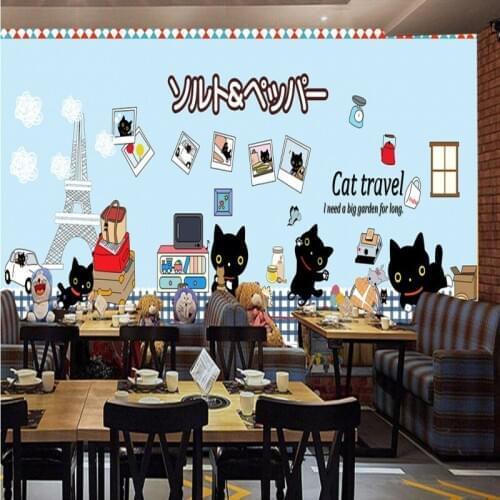 Drop Shipping Wallpaper 3d Custom Hand Painted Cartoon Cat Leisure Bar Milk Tea Shop Background Wallpaper Children Room Mural