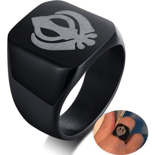 Sikhism Sikh Mens Square Signet Ring Stainless Steel Black Tone Khanda Symbol Talisman Amulet Jewelry