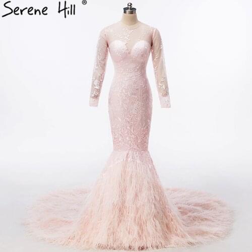 Ostrich Feathers Long Sleeves Long sleeves Mermaid Evening Dress Pink Embroidery Evening Dresses 2020 Serene Hill HA2131