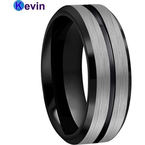 Tungsten Wedding Band Ring 8mm for Men Women Comfort Fit Black Beveled Edges Brushed