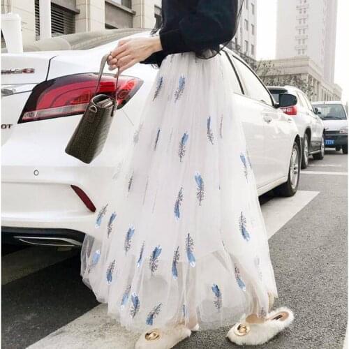Summer Boho Tulle Long Skirt High Waist Ladies Feathers Ankle-Length Skirts Womens A-Line Casual Sweet Girls Midi Skirt