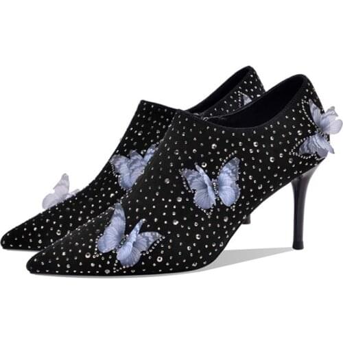 Womens Rhinestones Crystal 3D Butterfly Decor Ankle Boots Match Colors Stilettos High Heel Suede Leather Shoes Black Pink