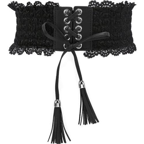 Women Vintage Elastic Wide Waist Belt High Waistband Korean Style Lace Tassel Bandage Waist Belts for Women Dresses Accessories