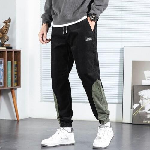 2021 New Fashion Men Jeans Spliced Designer Casual Corduroy Cargo Pants Overalls Streetwear Hip Hop Jogger Wide Leg Trousers