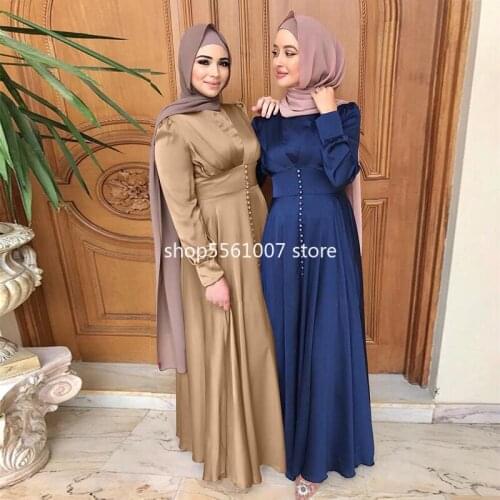 Eid Mubarak Satin Muslim Long Dress Abaya Women Spring Wrap Front Full Sleeve Islamic Hijab Party Dresses Dubai Turkey Clothing