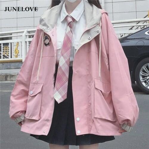 JuneLove Korean Matching Autumn Clothes Loose Cute Female Tops Outwears Manteau Femme Japanese Kawaii Zipper Pink Woman Jackets