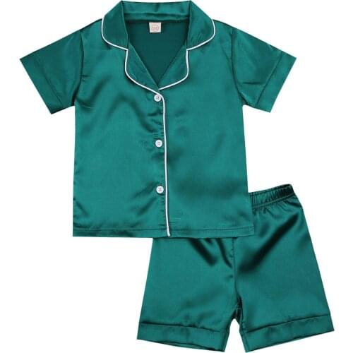 Summer casual Children Two-piece Nightwear Set Solid Color Short Sleeve Turn-down Collar Button Tops Shorts Green White