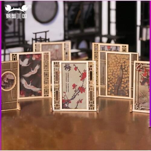 Chinese Style DIY Dollhouse mini Furniture Miniature Doll Accessories Wooden Screen+ Stickers