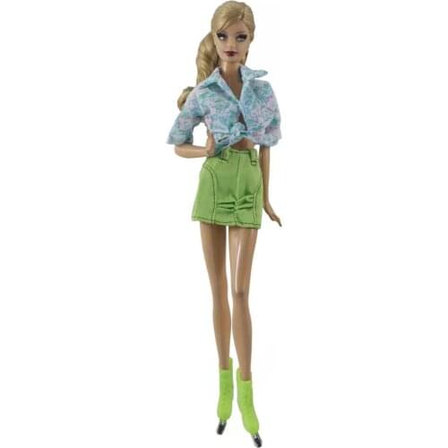 Fashion Green Style 11.5" Doll Outfit for Barbie Clothes Set Skating Shoes Roller Skates Shirt Top Skirt 1/6 BJD Accessories Toy