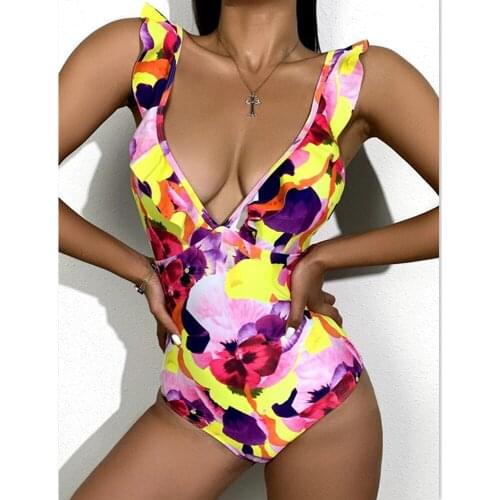 2021 New Sexy One Piece Swimsuit Women Ruffle Swimwear Print Bodysuit Swimsuit Push Up Monokini Bathing Suits Summer Beach Wear