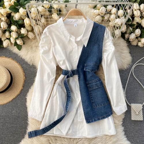 2021 New Style Fashion Temperament Spring Lapel Shirt Female Bubble Sleeve Solid Color Wild Denim Vest Two-piece Suit C229