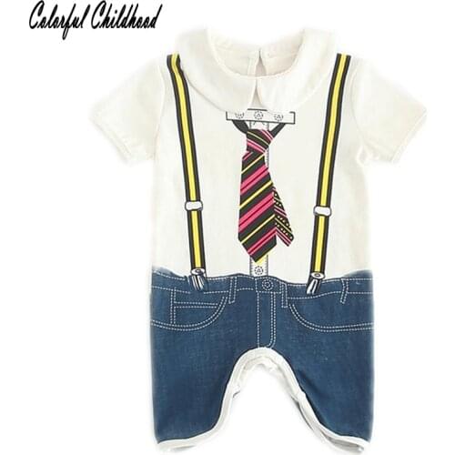 Adorable baby romper cartoon design Fake baseball-uniform/tie jacket cool boy cotton jumpsuit peterpan collar infant onesies0-24