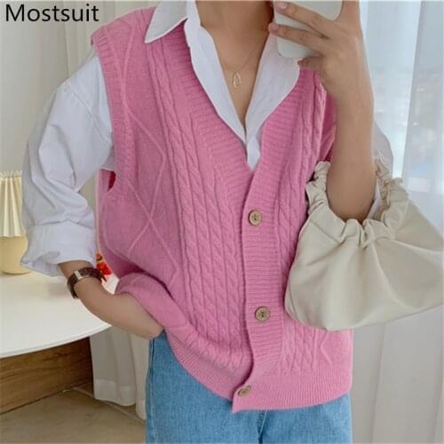 Single-breasted V-neck Knitted Cardigan Vest Women Sleeveless Solid Loose Sweater Vest Vintage Fashion Ladies Jumpers Femme 2021
