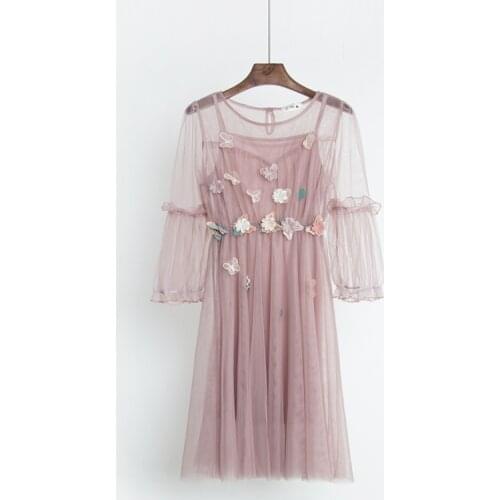 PERHAPS U Pink Gray White Flower Floral Butterfly 3/4 Puff Sleeve Ruffle O Neck Mesh Ball Gown Short Mini Dress Elegant D0241