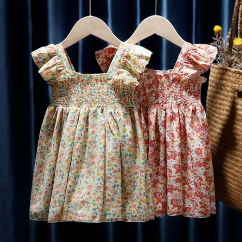 Flowers Girls Dress Summer 2021 New Sleeveless Pleat Floral Baby Cute Kids Children Dresses Korean Princess Clothes