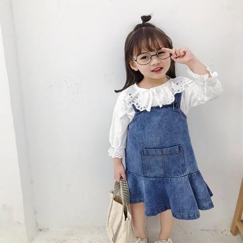 Girls dress spring and autumn 2019 new small and medium girls cotton denim two-piece dress cute college wind cute doll shirt sui