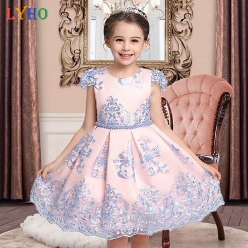 LYHO Girls Princess Dresses Girl Clothes Birthday Dress Flower Vintage Floral Lace Wedding Party Evening Formal Dance Kids Gown