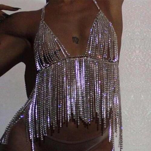 Luxury Long Tassel Rhinestone Bra Chain Lingerie Top for Women Sexy Crystal Bra Necklace Body Chest Chains Bikini Jewelry