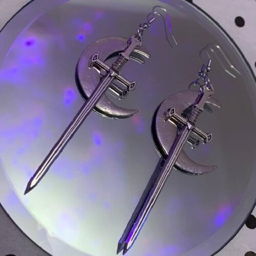 Goth Black Moon and Sword Earrings Classic Eardrop All Kinds of Big Sword Fashion Jewellery Novel Charm Women Men Gift Mystical