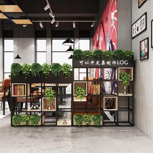 Modern simple solid wood floor shelf restaurant cafe partition flower shelf office iron display display shelf