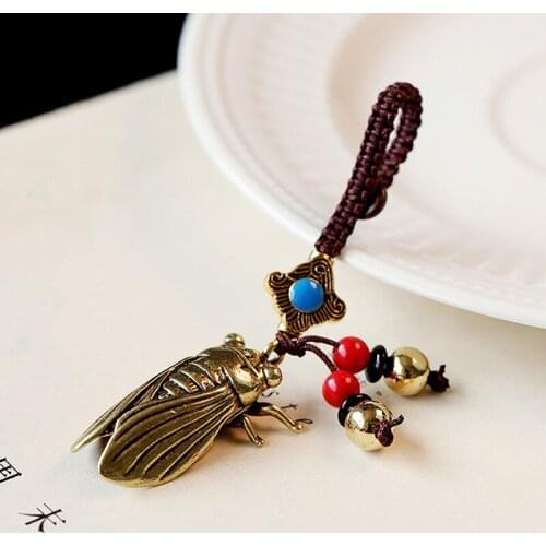 Good Luck Chinese Golden Cicada With Brass Keychain Keyrings Fortune Longevity Wealth Success Jewelry Gifts