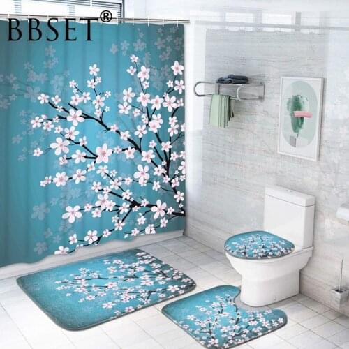 Cherry Blossoms In Full Bloom Shower Curtain 4 Piece Toilet Lid Cover Anti-slip Soft Rugs Bath Mat Bathroom Set Home Decor