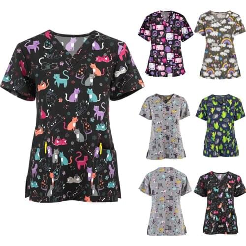 2021 Cute Cartoon Cat Dog Print Nursing Scrubs Tops T Shirt Women Short Sleeve V-neck Tops Working Nurse Uniform Women Clothing