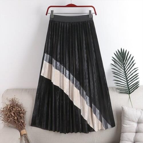 2020 New Fashion Autumn Winter High Waist Women Vintage Ladies Pleated Golden velvet Splice Stitching All-match A font Skirt