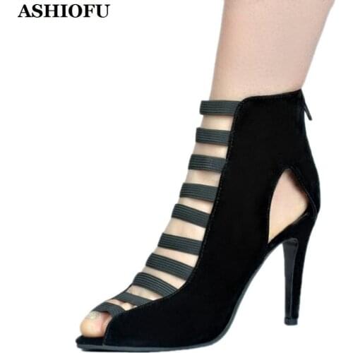 ASHIOFU Handmade Womens High Heel Sandals Elastic-bands Party Prom Summer Shoes Peep-toe Evening Club Fashion Sandals Shoes