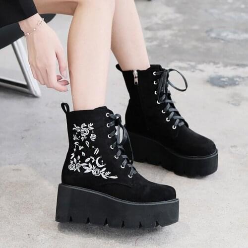 Demonias shoes Platform Demonia Boots Chunky Punk Suede Leather Womens Gothic Shoes Lace Up Black High Quality Fashion Flower
