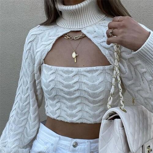 2021 New Fall Two Piece Sweater Sets Women Casual Turtleneck Long Sleeve Cropped Sweater Y2K Tops Vintage Pullovers Streetwear